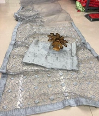 CHARVI DRISHYA   Net Grey Color Sarees With  Banarsi Silk Running Blouse -  Free Size,  Grey,  Net,  Pack of1
